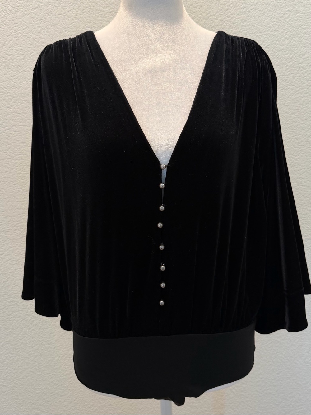 Zara Black Velvet Deep V Button Bodysuit Cape Sleeve S